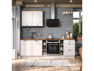 Cozinha completa composta por 4 módulos e uma prateleira na cor branco lavado com honey / coleção Alma